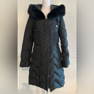 T Tahari Black Puffer Coat with Removable Fur Hood Lining